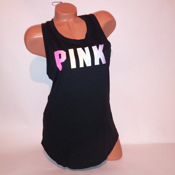 Victoria Secret PINK Tank Top Black Multi Logo Solid Open Cutout Back Sleeveless - Picture 9 of 16